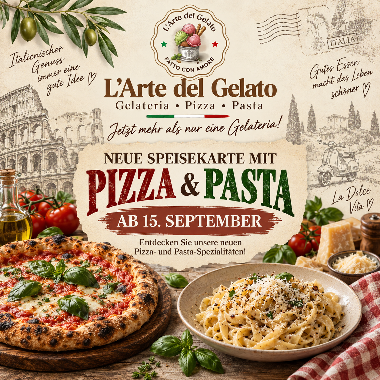 Neue Speisekarte mit Pizza und Pasta ab 15. September bei L'Arte del Gelato